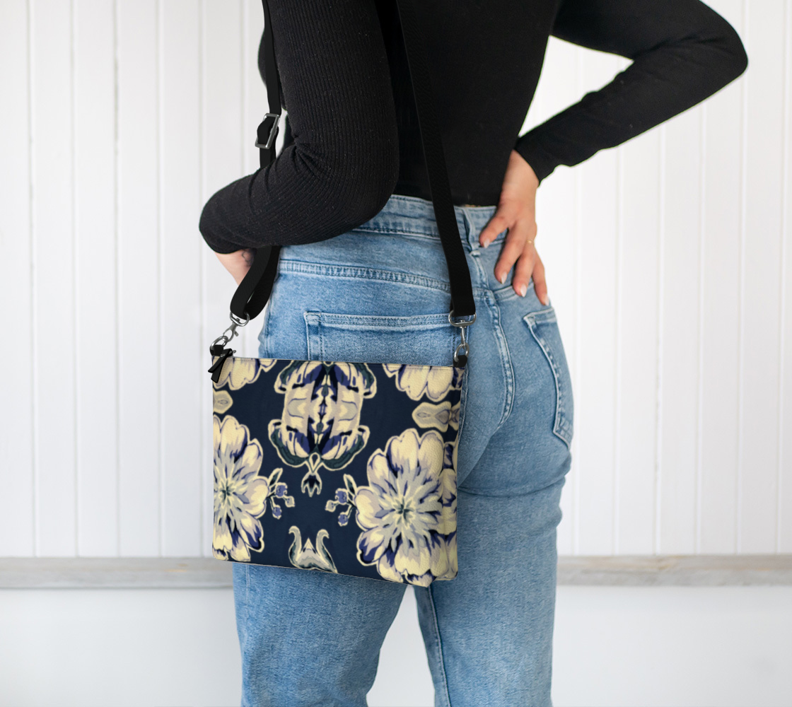 Blue Fleur Vegan Leather Crossbody Purse