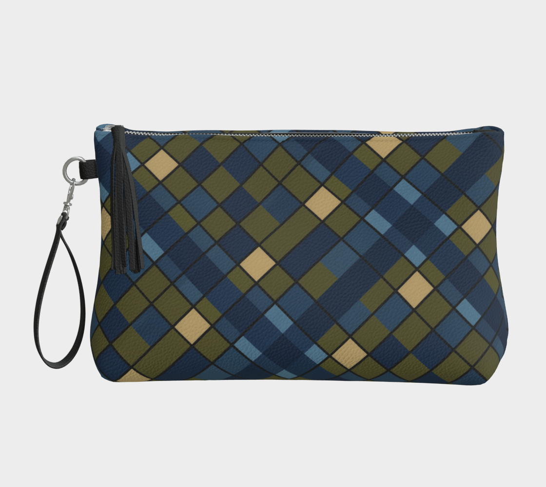 Blue Plaid Vegan Leather Clutch Wristlet