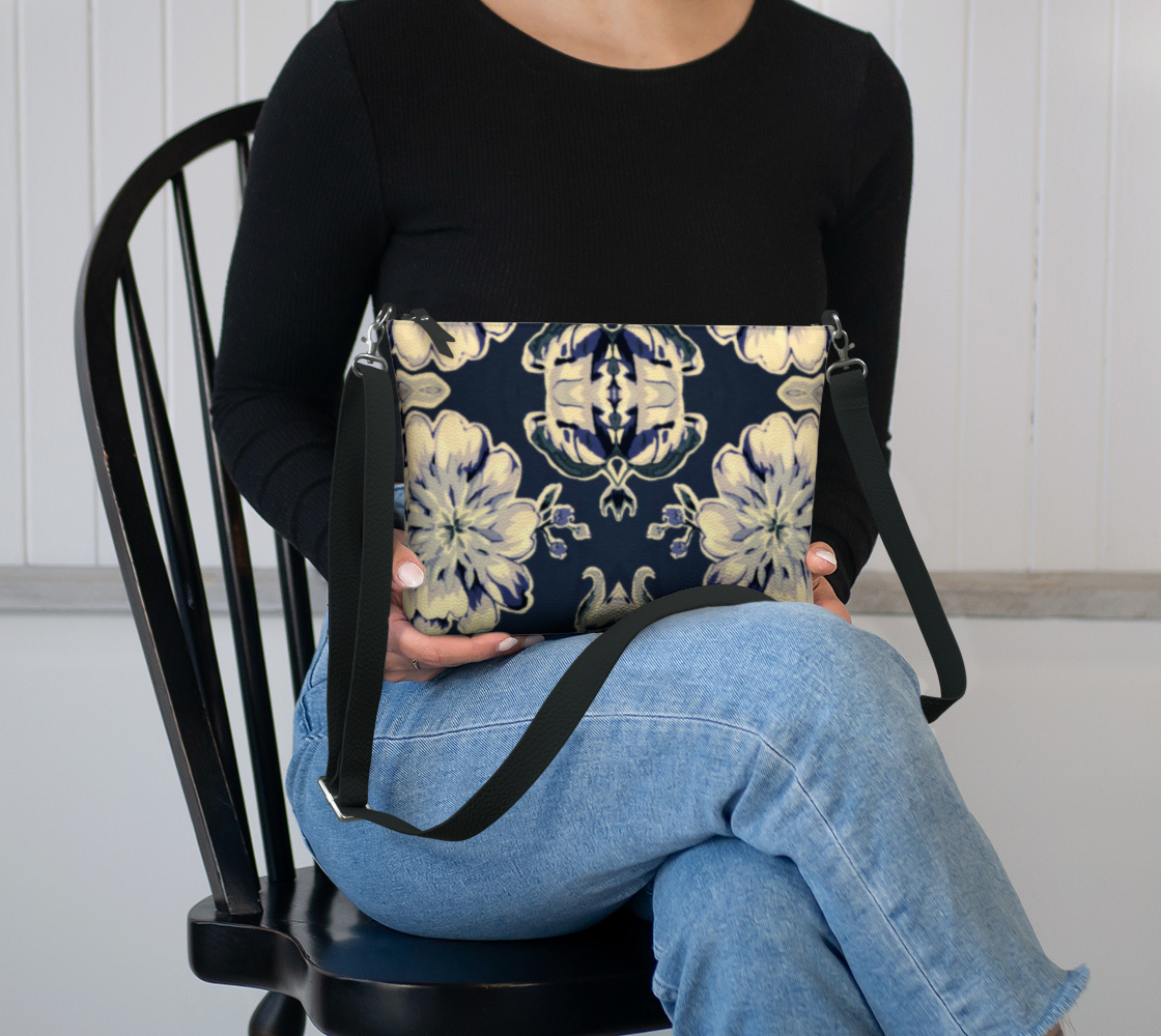Blue Fleur Damask Vegan Leather Crossbody Bag