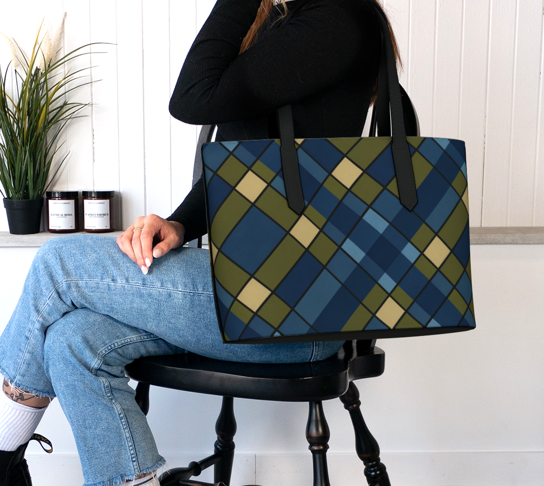 Blue Plaid Vegan Leather Tote Bag