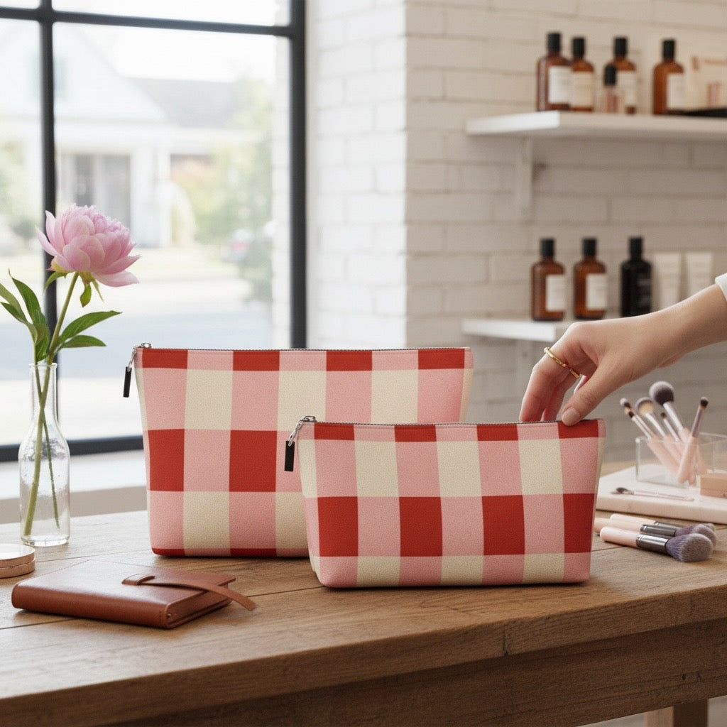 Red Gingham Set: Canvas Tote & Makeup Bag