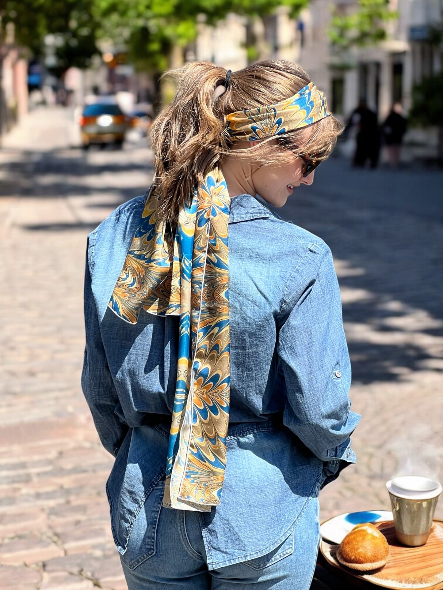 Prussian Blue Swirl Silk Long Scarf
