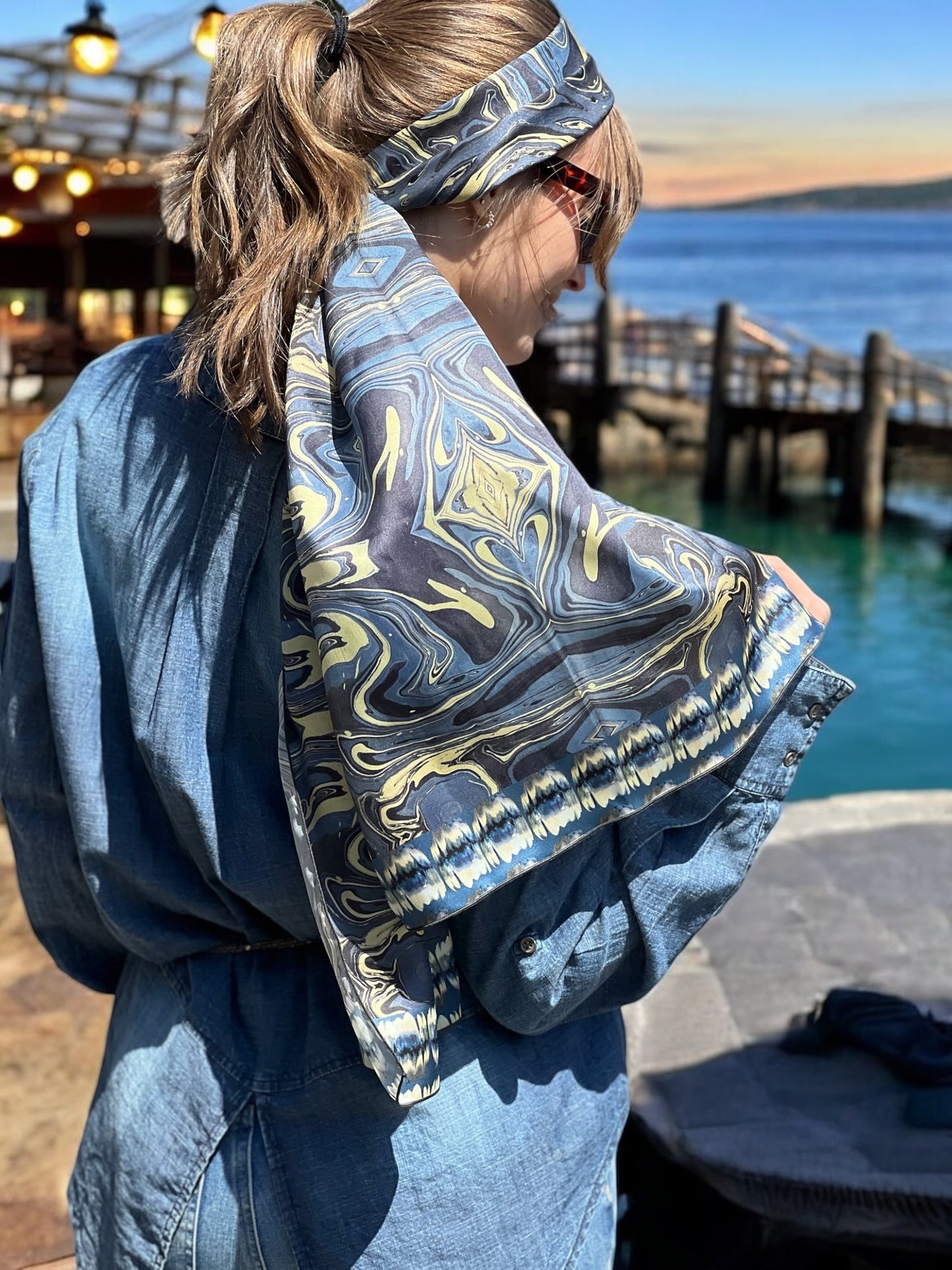 Mendocino Blues Diamond Long Silk Scarf