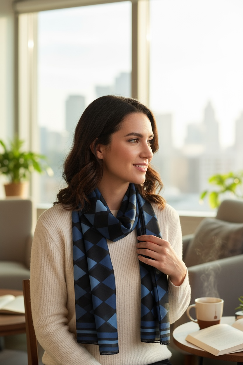 Midnight Argyle Silk Long Scarf