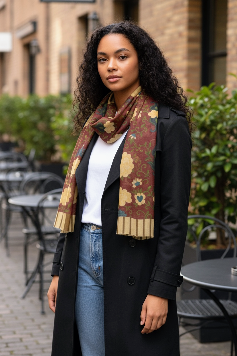 Imperial Peonies Cranberry Brown Stripe Silk Long Scarf