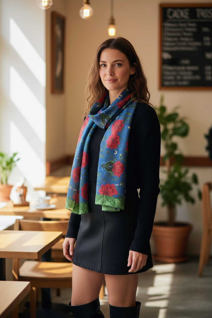 Imperial Peonies Sapphire Silk Long Scarf