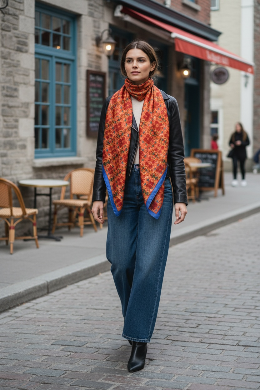 Marquesa Floral Tangerine Royal Blue Border Silk Square Scarf
