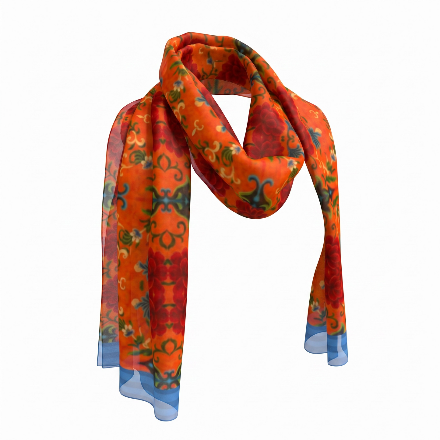 Marquesa Floral Tangerine Royal Blue Border Silk Long Scarf