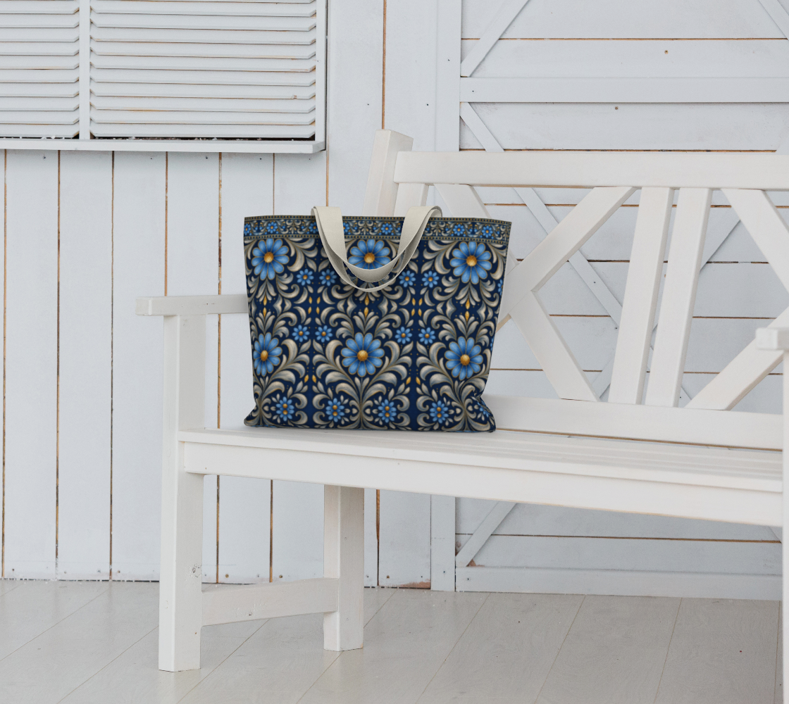 Gilded Navy Azure Bloom large canvas tote bag