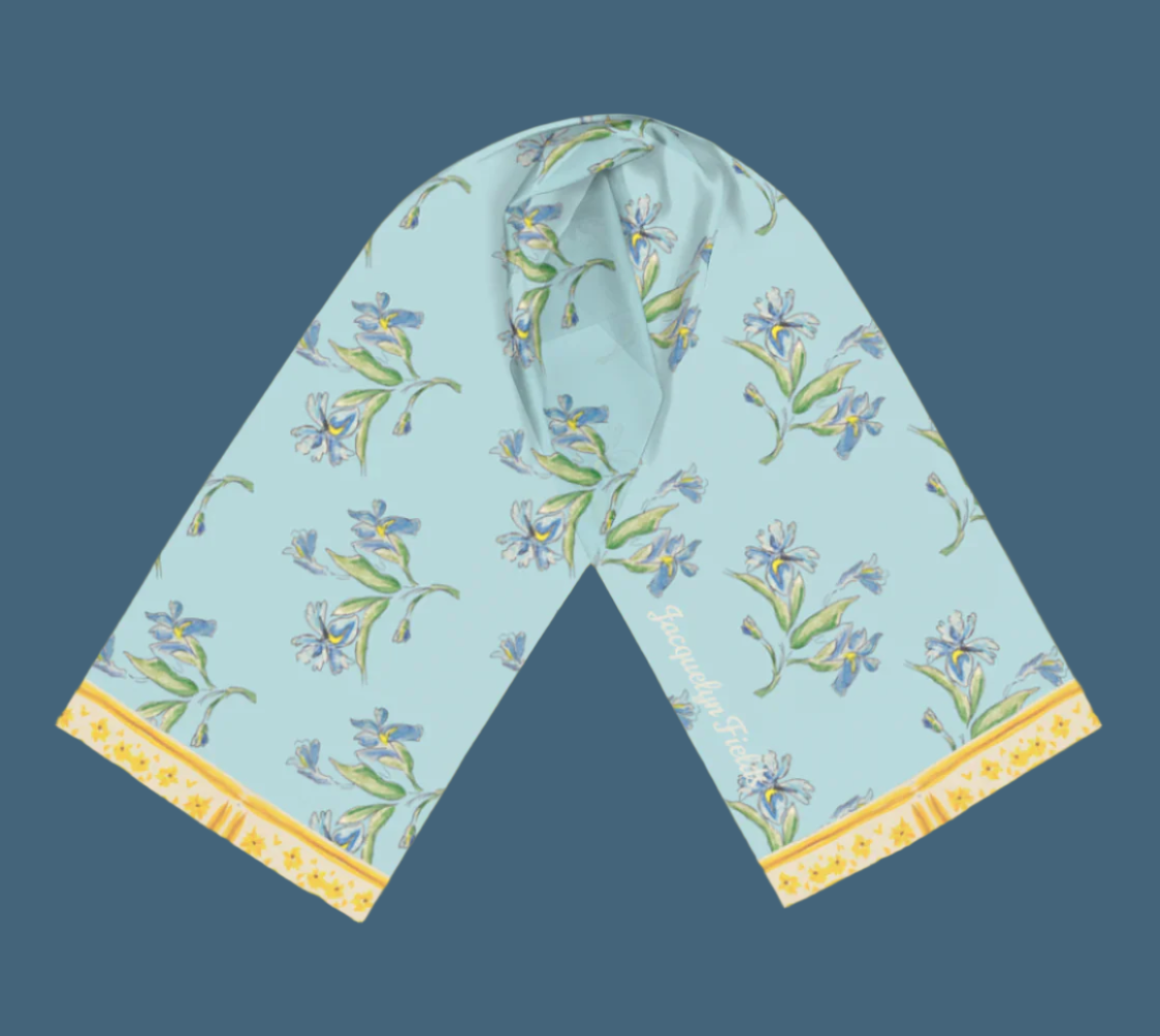 Blue Iris Mint Long Silk Scarf w/ Border