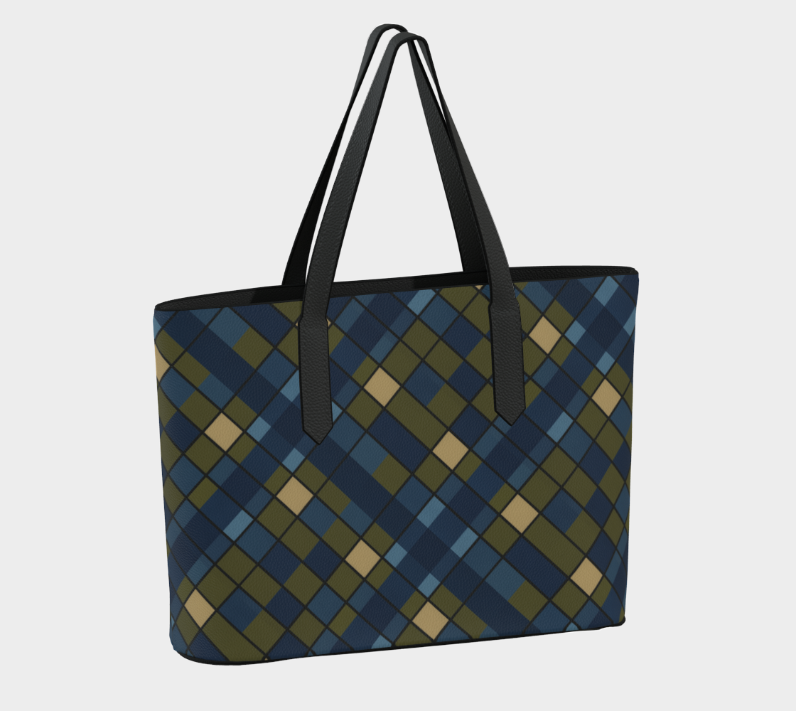 Blue Plaid Vegan Leather Tote Bag
