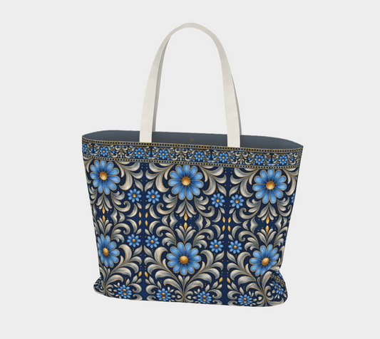 Gilded Navy Azure Bloom large canvas tote bag