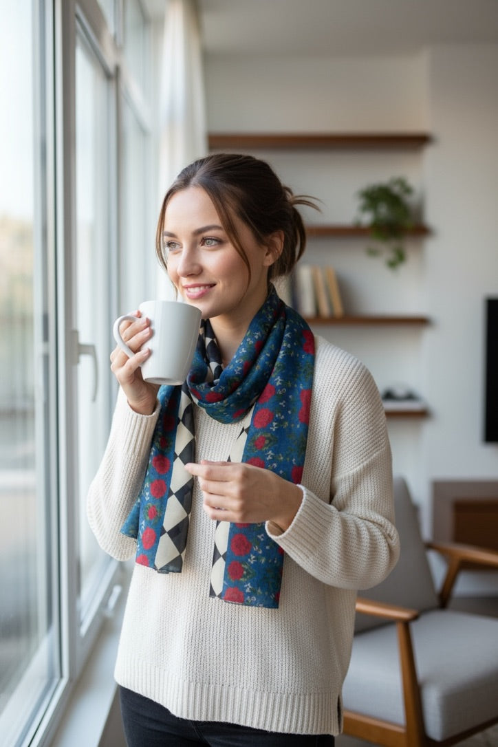 Metro Check Harlequin Blue Silk Long Scarf
