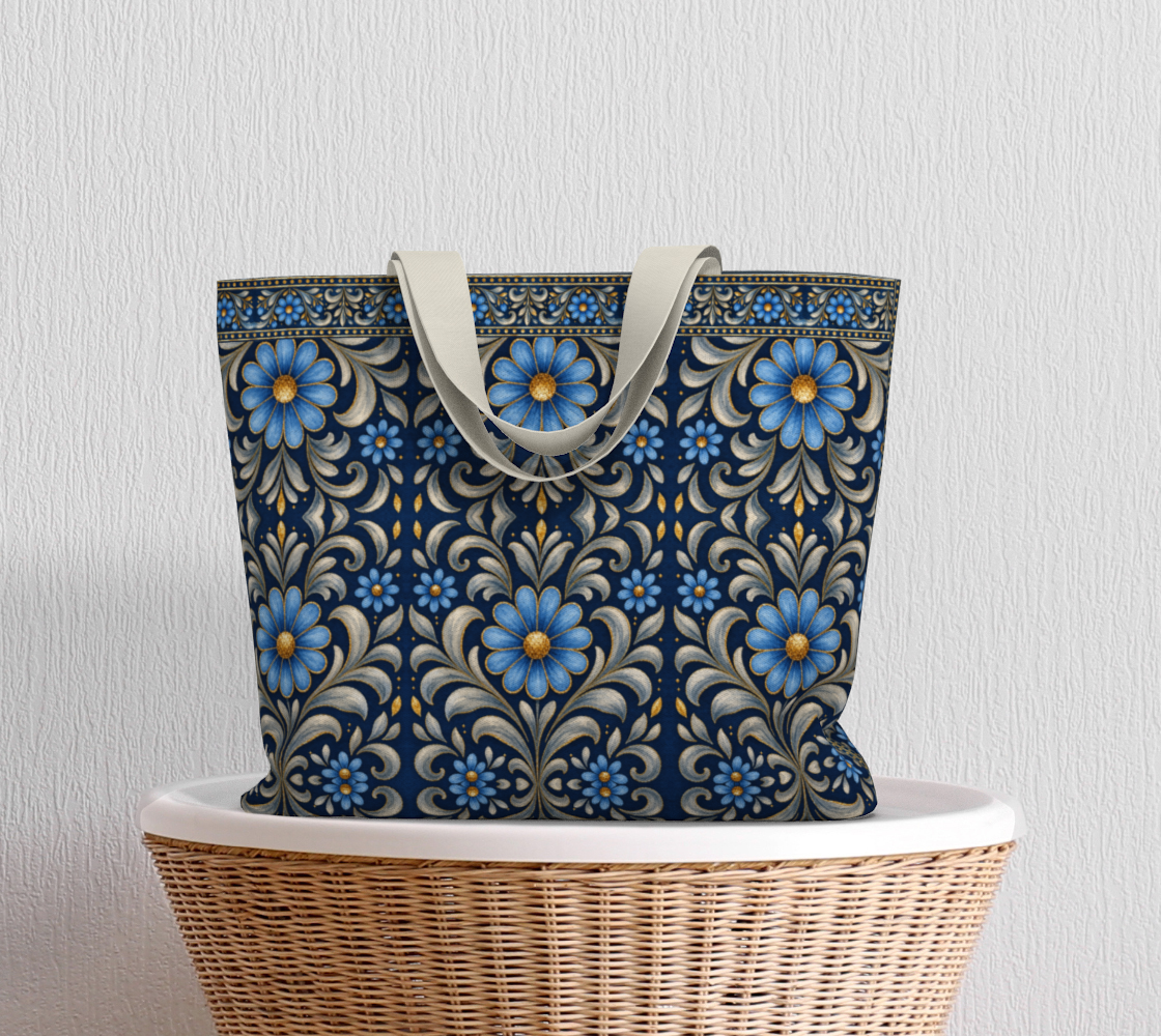 Gilded Navy Azure Bloom large canvas tote bag