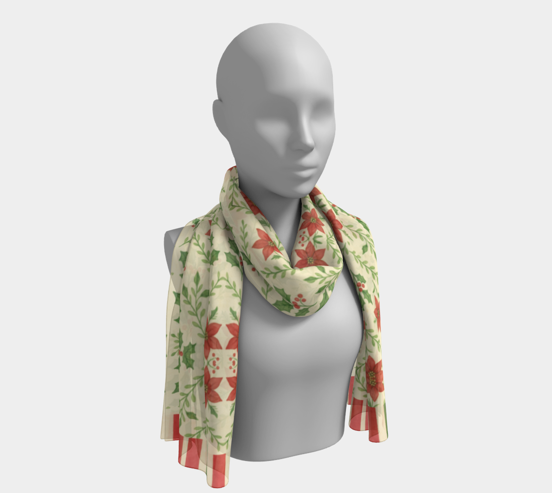 Yuletide Bloom with Stripes Holiday Silk Long Scarf