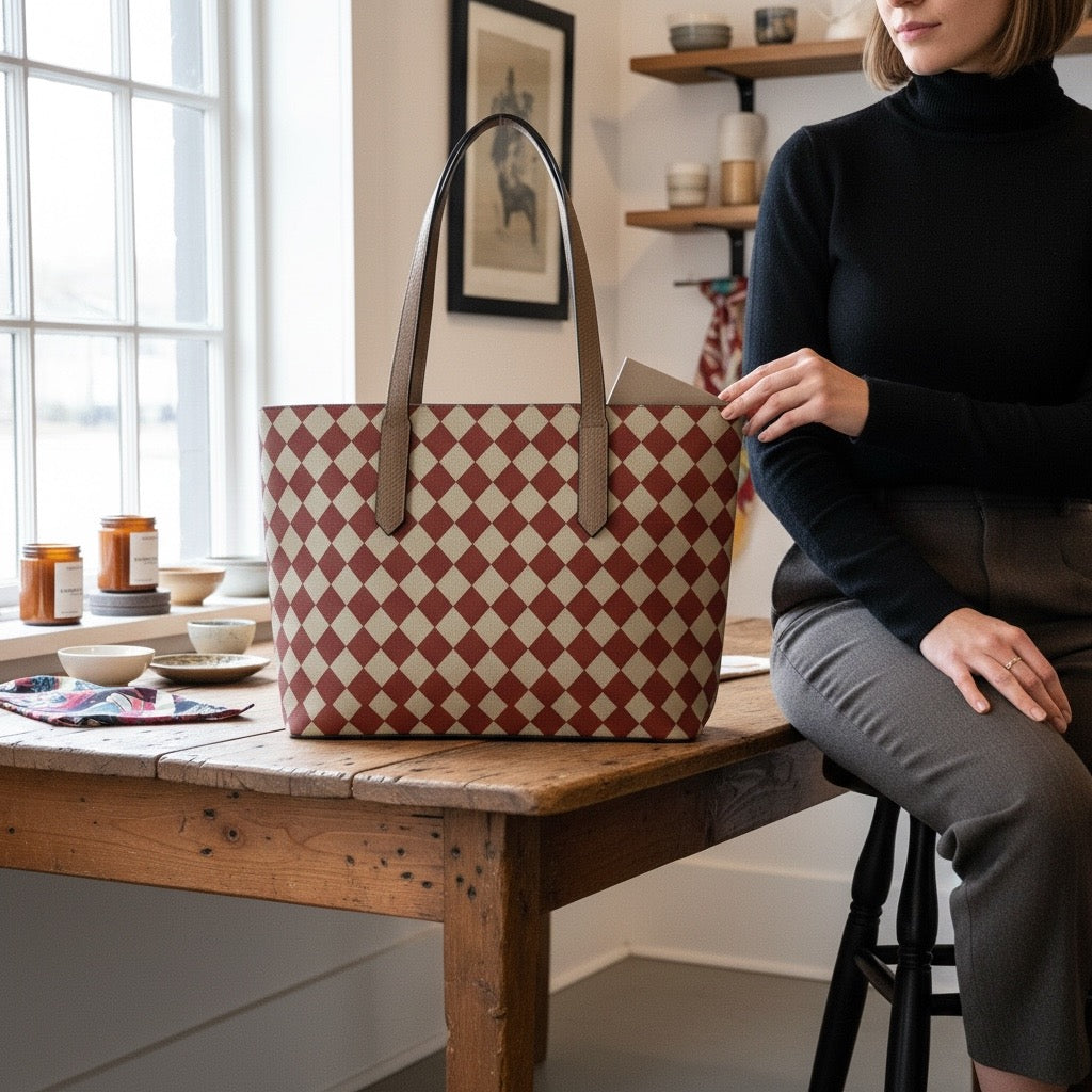 Cranberry Mini Harlequin Vegan Leather Tote Bag