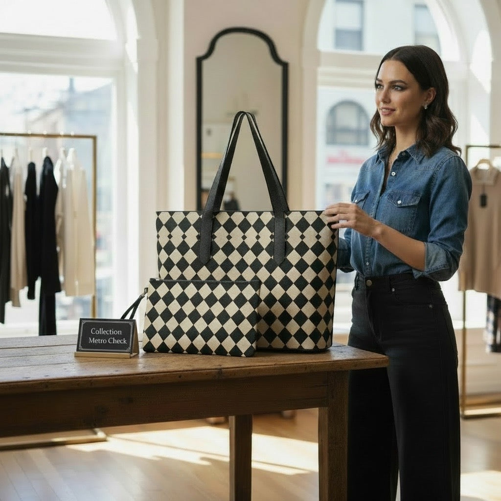 Metro Check Harlequin Set: Vegan Leather Tote & Clutch Wristlet