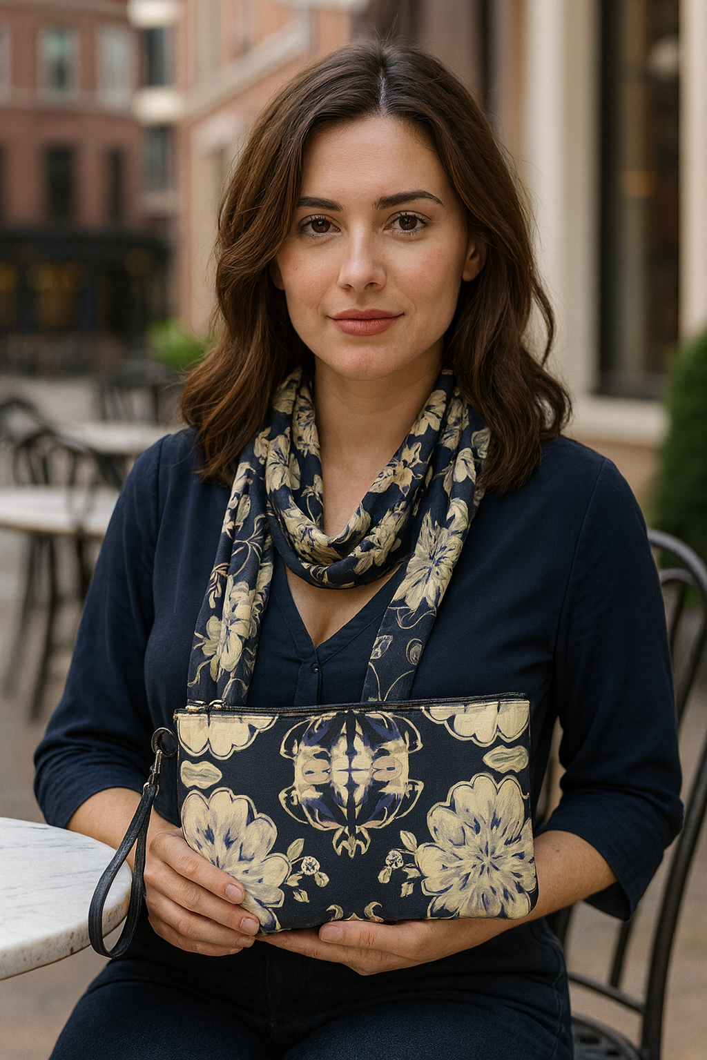 Blue Fleur Damask Silk Long Scarf