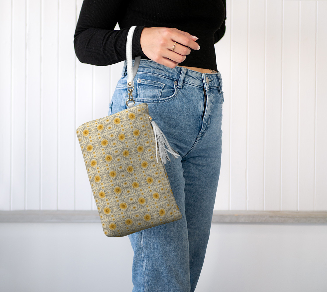 mini print silver garden clutch with white strap