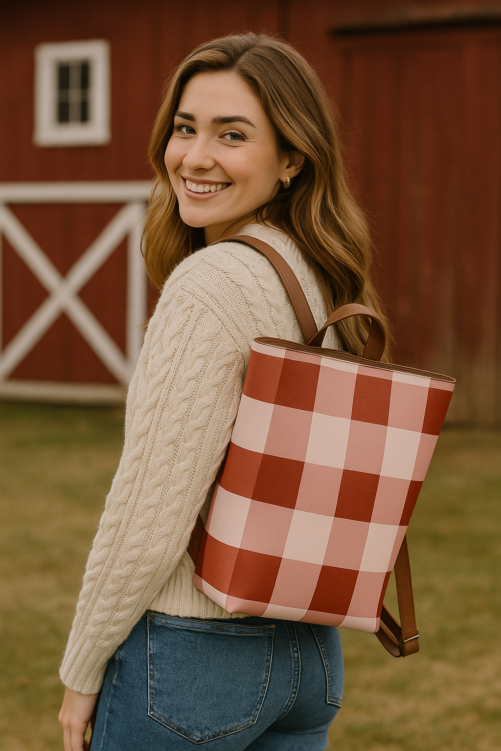 Red Gingham Vegan Leather Backpack