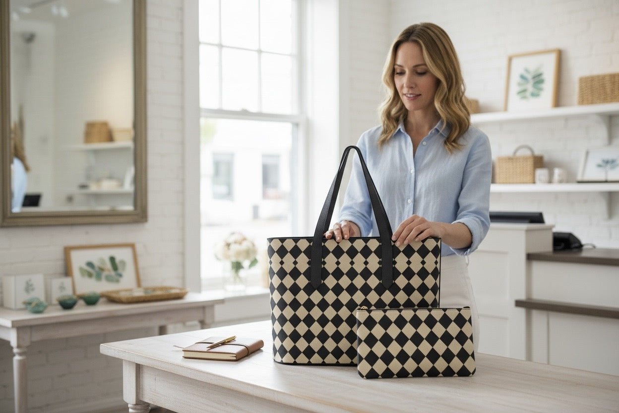 Metro Check Harlequin Set: Vegan Leather Tote & Clutch Wristlet