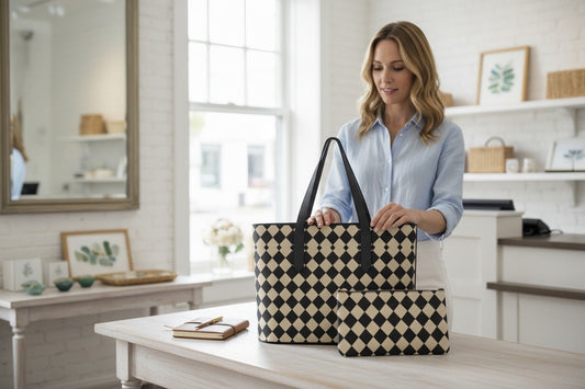 Metro Check Harlequin Set: Vegan Leather Tote & Clutch Wristlet