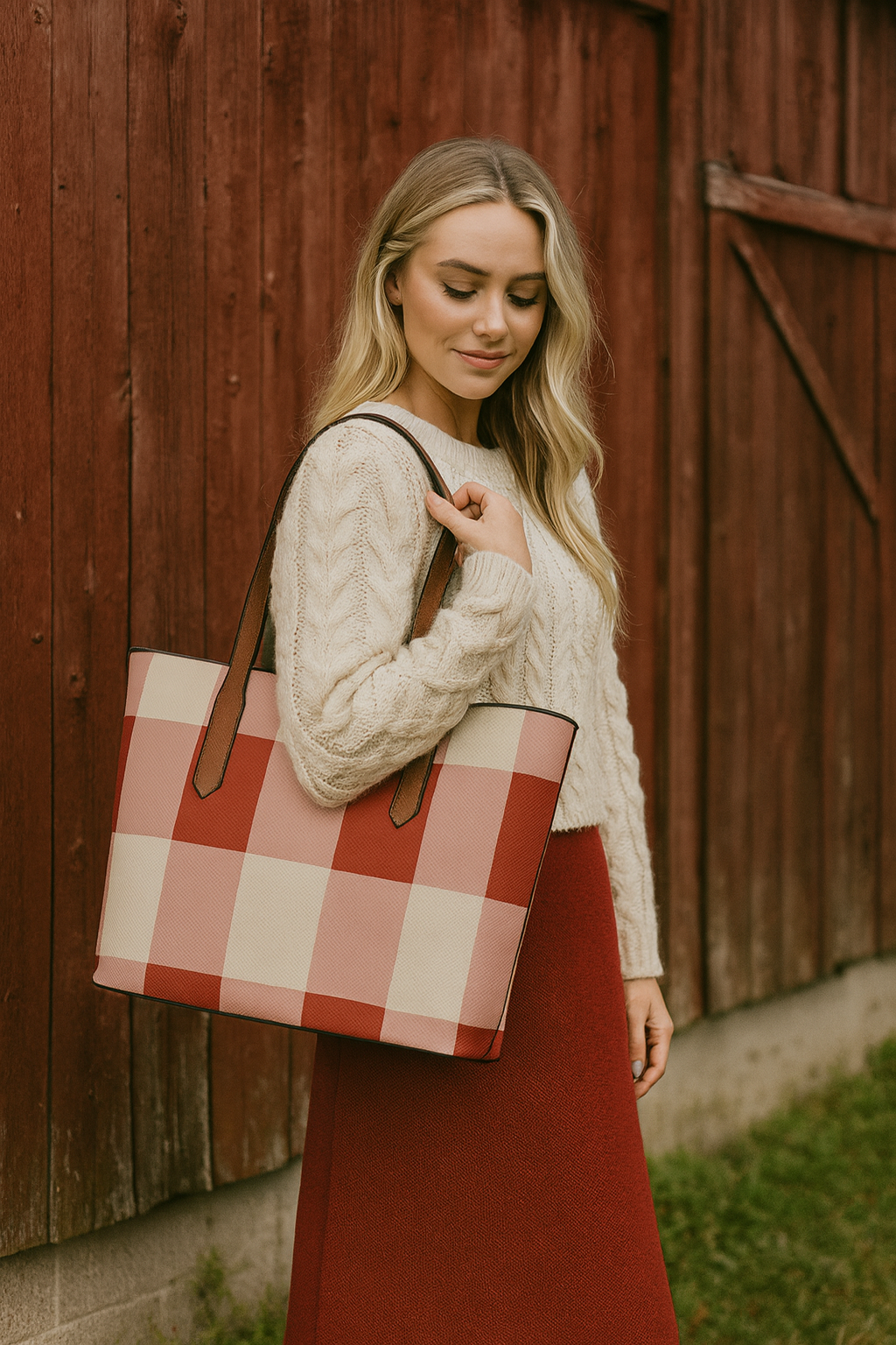 Red Gingham Vegan Leather Tote Bag