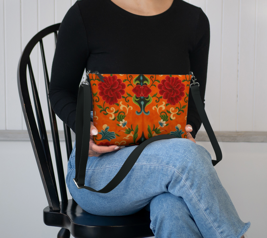 Imperial Peonies Tangerine Vegan Leather Crossbody Purse
