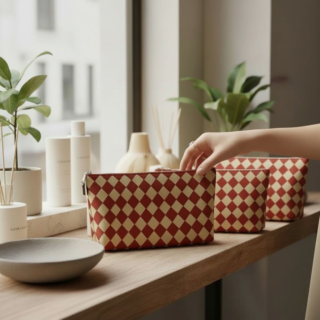 Cranberry Mini Harlequin Makeup Bag