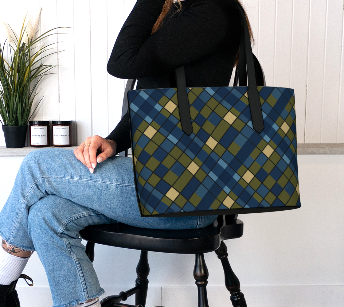 Blue Plaid Vegan Leather Tote Bag
