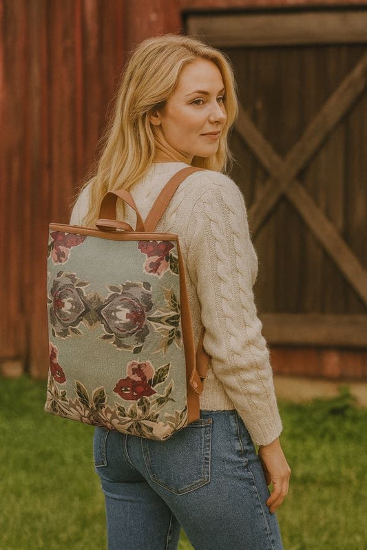 Seafoam Roses Vegan Leather Backpack