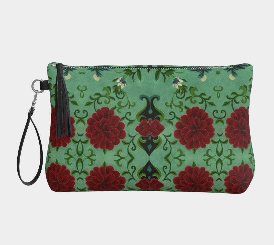 Imperial Peonies Mint Vegan Leather Clutch Wristlet