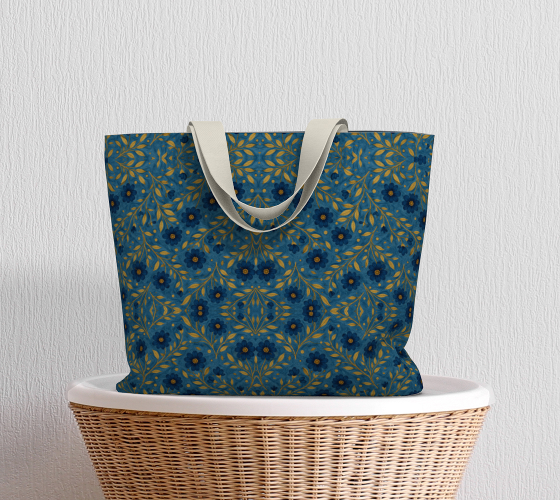 Indigo meadow floral fan canvas tote bag