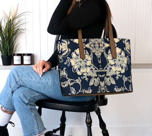 Blue Fleur Damask Vegan Leather Tote Bag