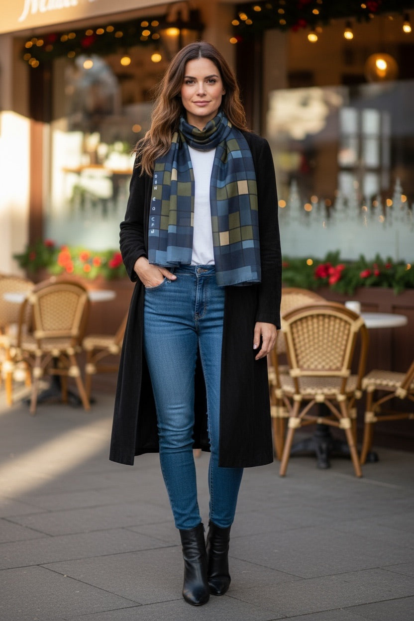 Blue Plaid Silk Long Scarf