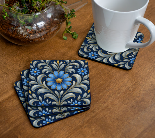 Gilded Navy Azure Bloom coaster set