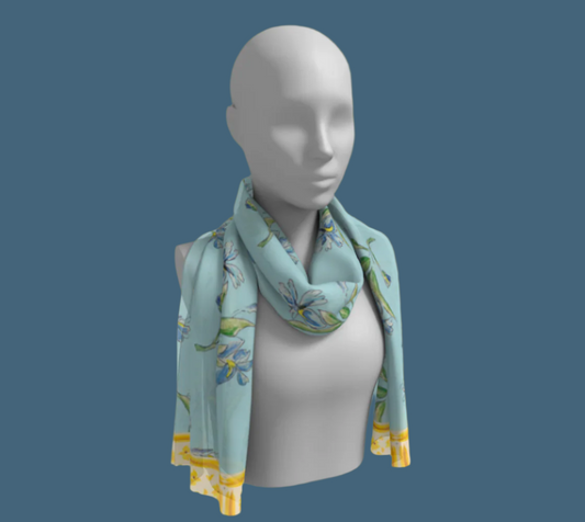 Blue Iris Mint Long Silk Scarf w/ Border