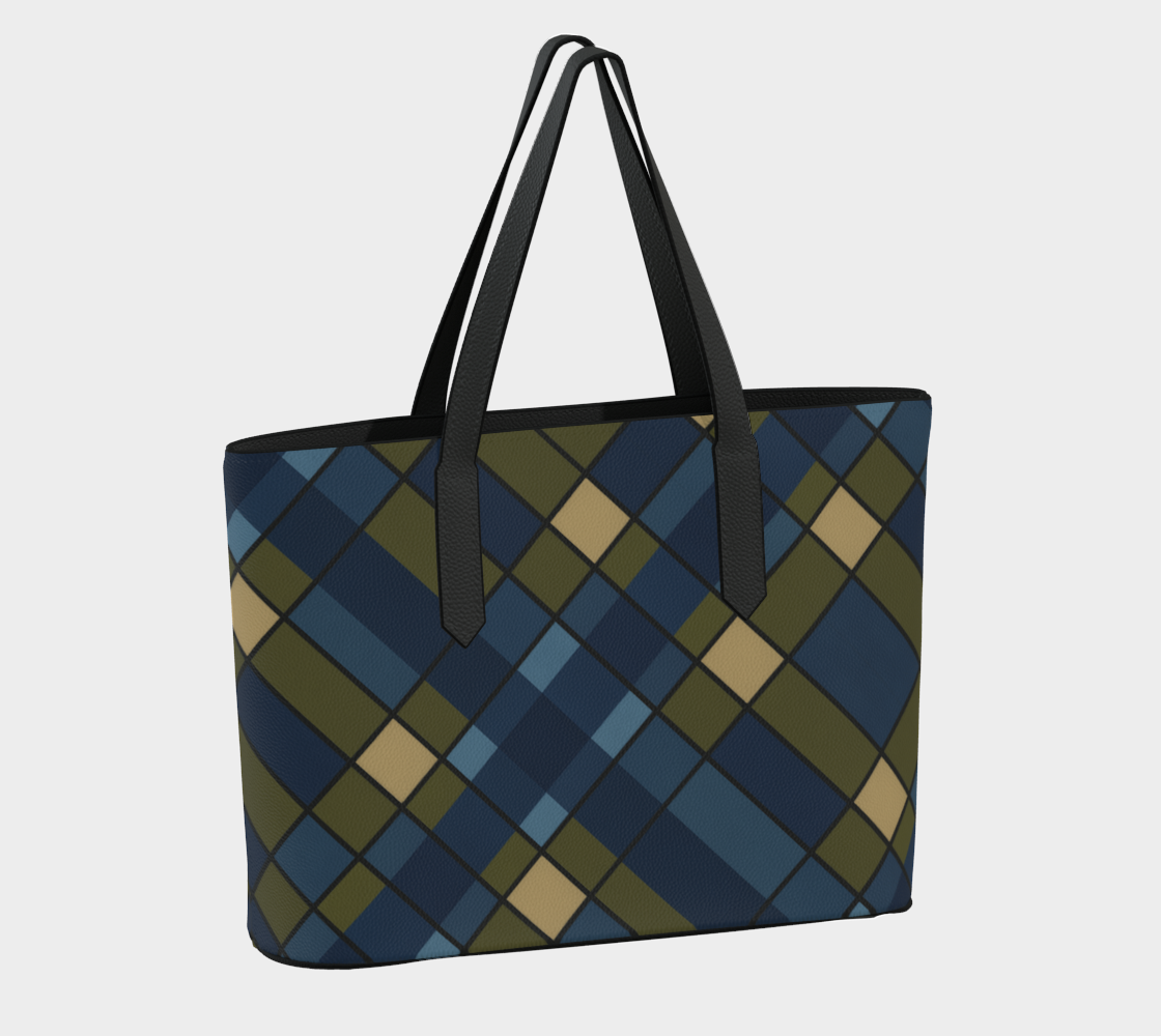Blue Plaid Vegan Leather Tote Bag