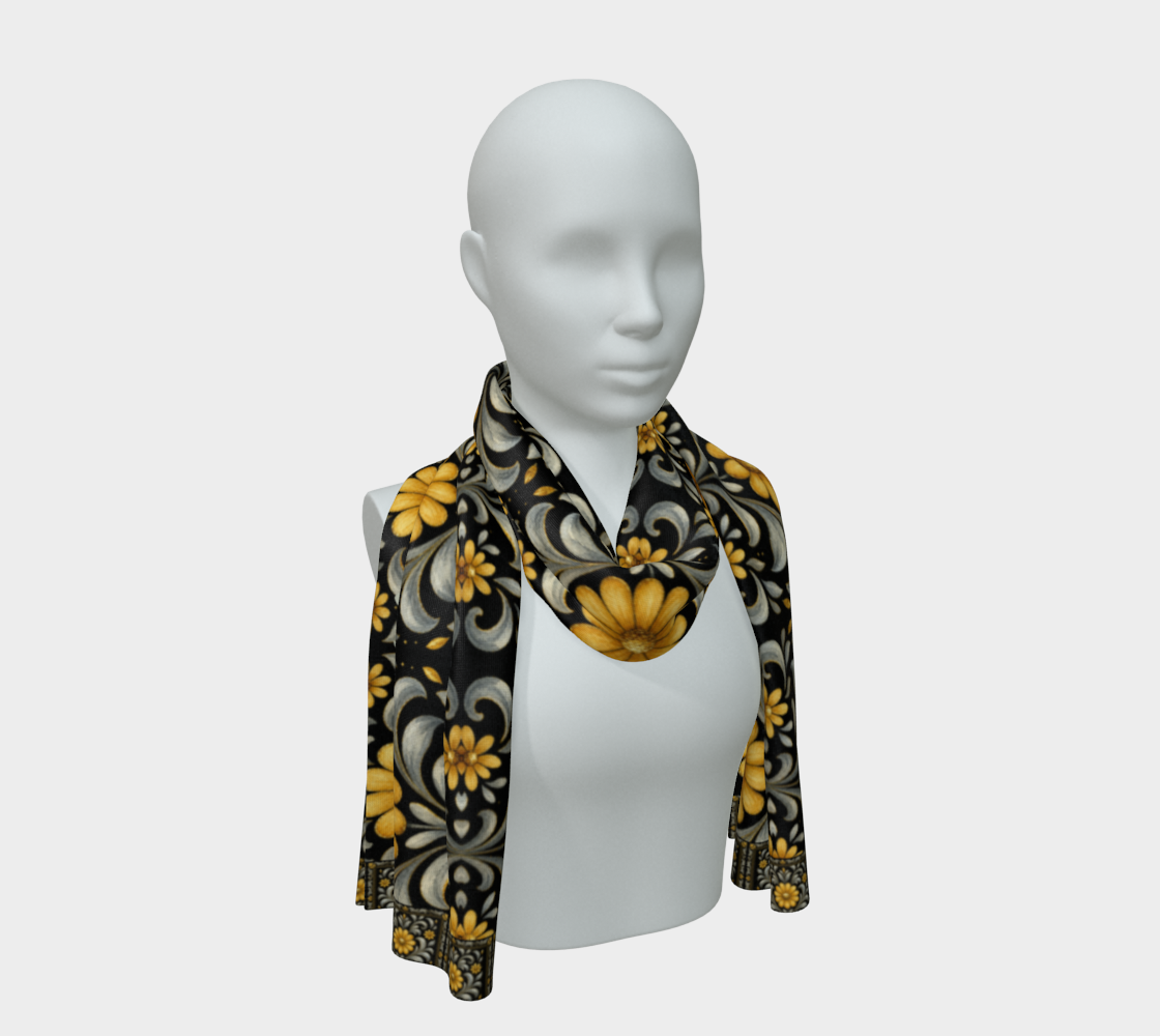 Midnight Silver Garden long scarf wth border