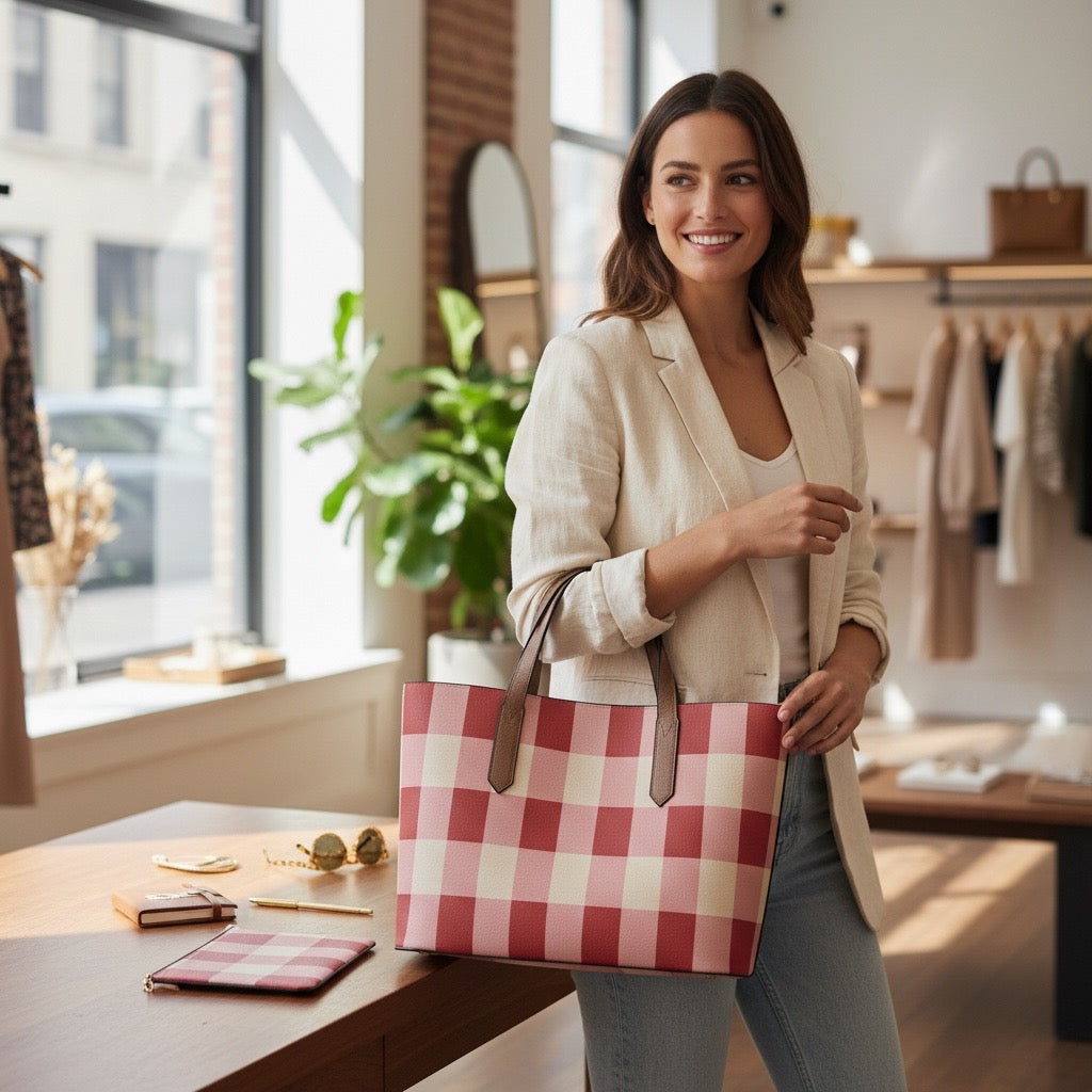 Red Gingham Vegan Leather Tote Bag