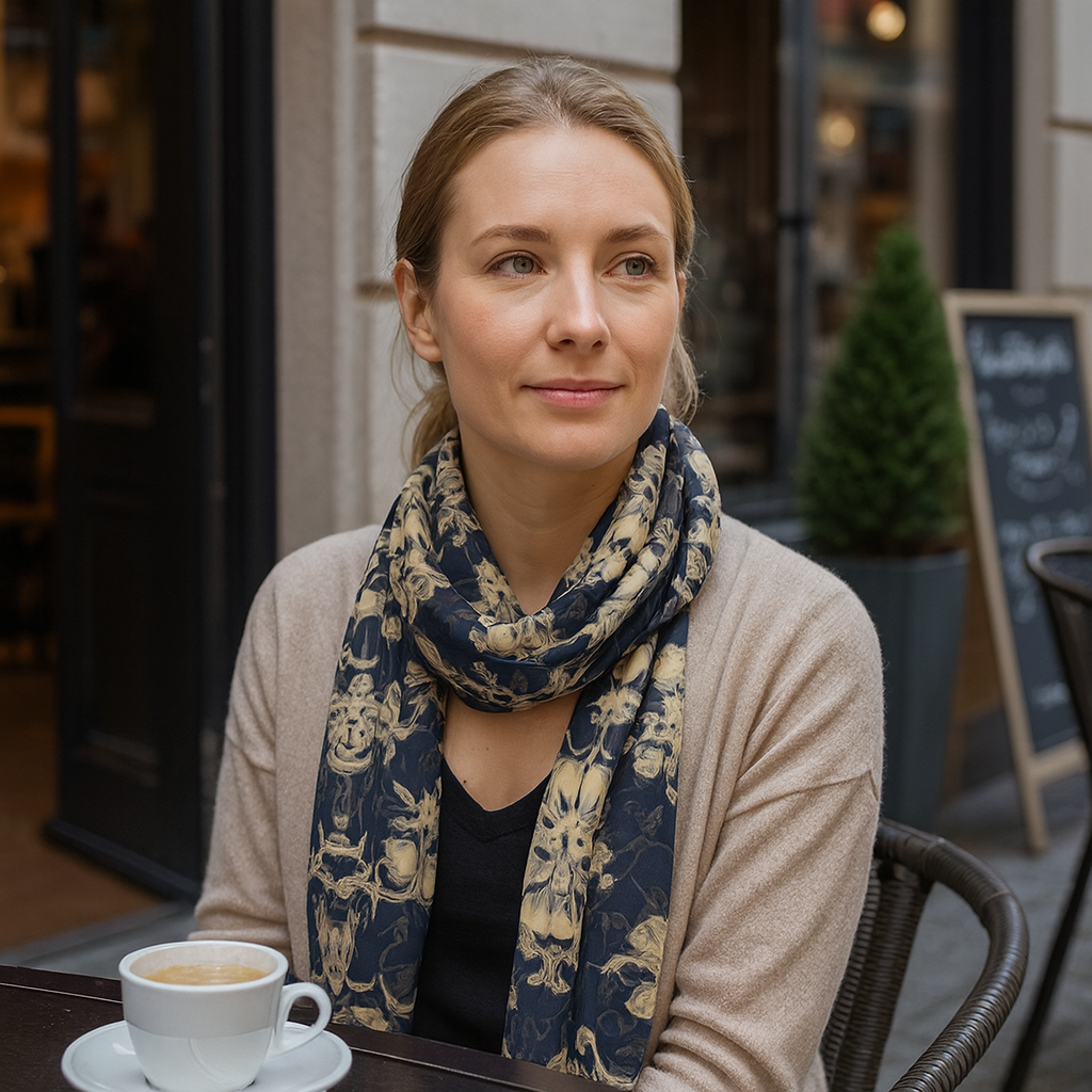 Blue Fleur Damask Silk Long Scarf