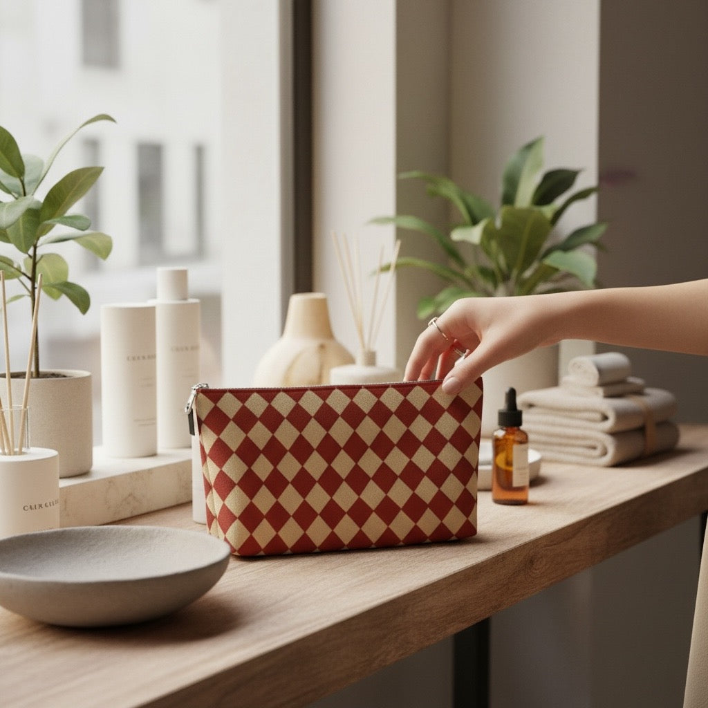 Cranberry Mini Harlequin Makeup Bag