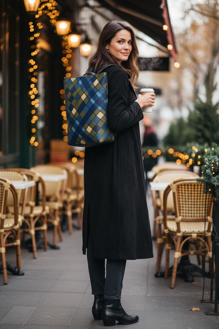 Blue Plaid Vegan Leather Backpack