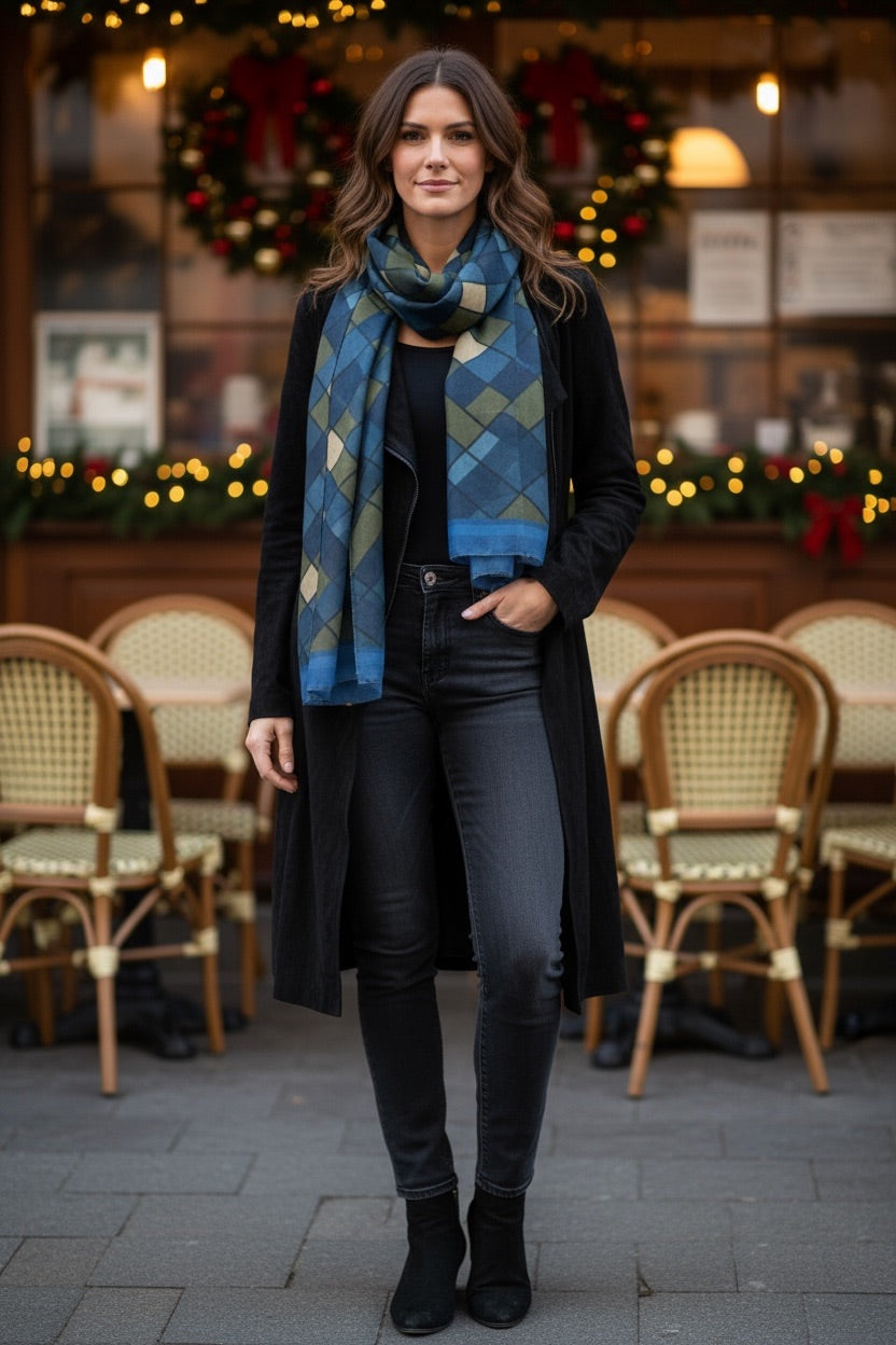 Blue Plaid Silk Long Scarf