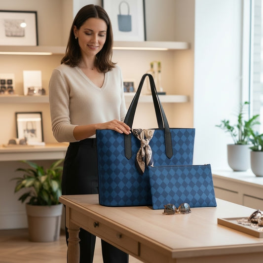 Royal Blue Harlequin Set: Vegan Leather Tote & Clutch Wristlet