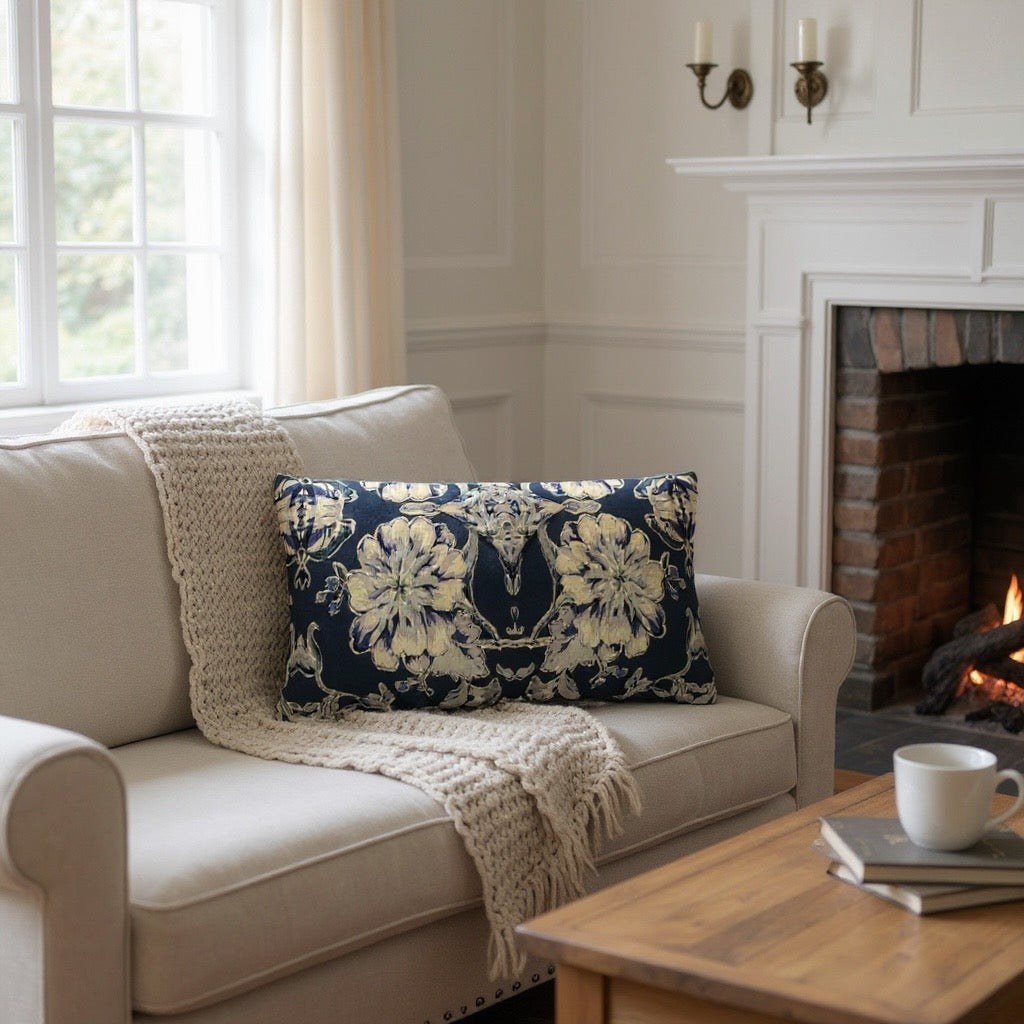 Blue Fleur Damask 24 x 12 Pillow Cover