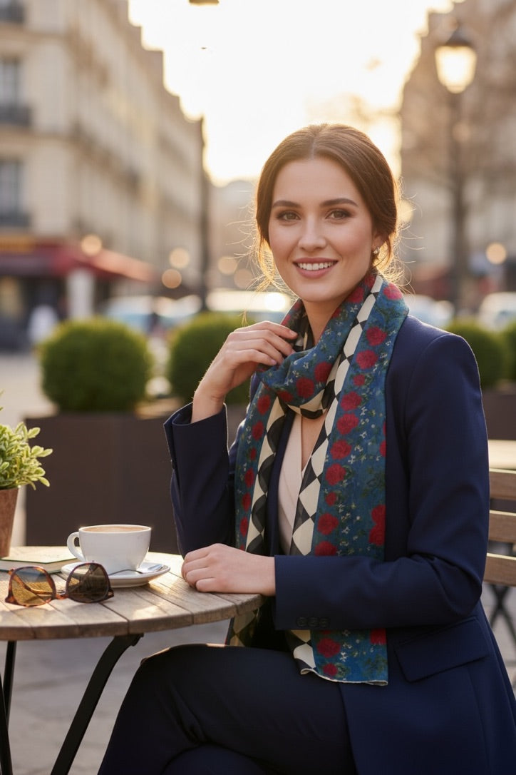 Metro Check Harlequin Blue Silk Long Scarf