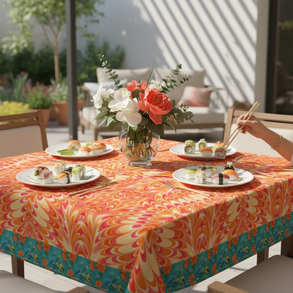 Tangerine Swirl with Border 60 x 60 Tablecloth