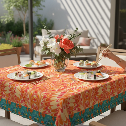 Tangerine Swirl with Border 60 x 60 Tablecloth