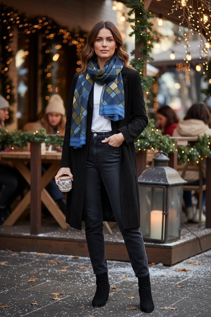 Blue Plaid Silk Long Scarf